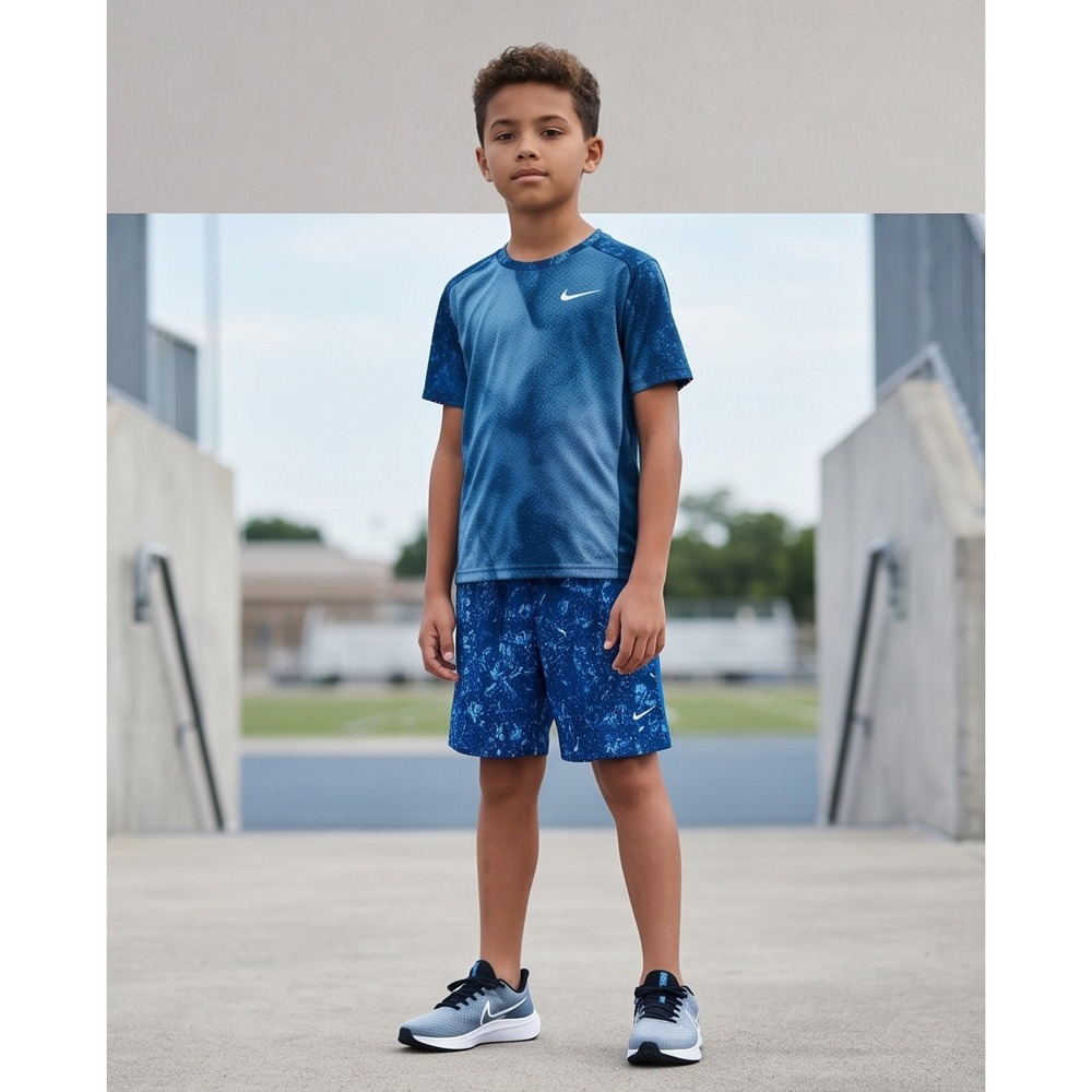 Nike Boys Blue Marble Dri-FIT Running Shorts Athletic Activewear Swoosh Logo